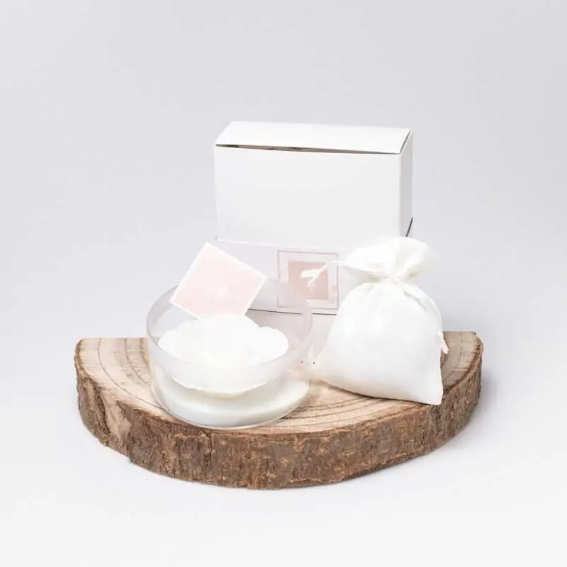 candela rosa con porta candela tondo in vetro