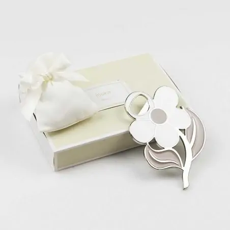 apribottiglie per bomboniere con calamita fiore bianco e beige