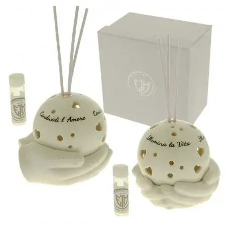 profumatore per ambienti sfera con mani in porcellana con luce