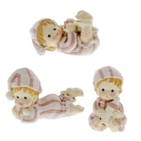 BOMBONIERE IN RESINA STATUINE BAMBINE IN PIGIAMINO CON BIBERON