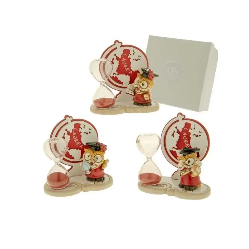 clessidra sabbia rossa con gufetto e sagoma mappamondo