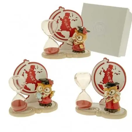 clessidra sabbia rossa con gufetto e sagoma mappamondo