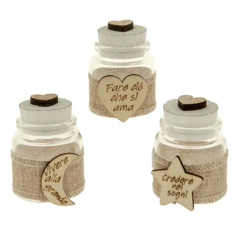 vasetti vetro portaconfetti con applicazione in legno