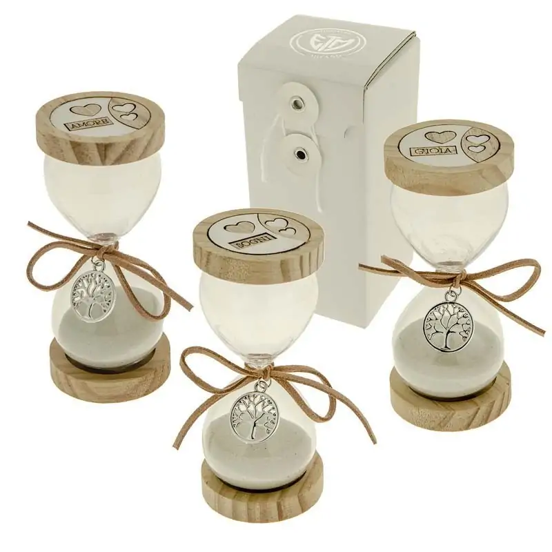 bomboniere clessidre in vetro e legno con ciondolo albero della
