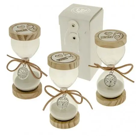 bomboniere clessidre in vetro e legno con ciondolo albero della