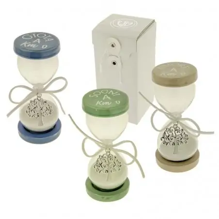 clessidre in vetro con base colorata e ciondolo albero della