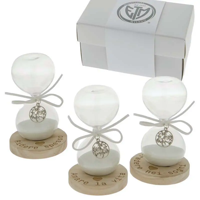 clessidre con ciondolo albero della vita e base in legno con