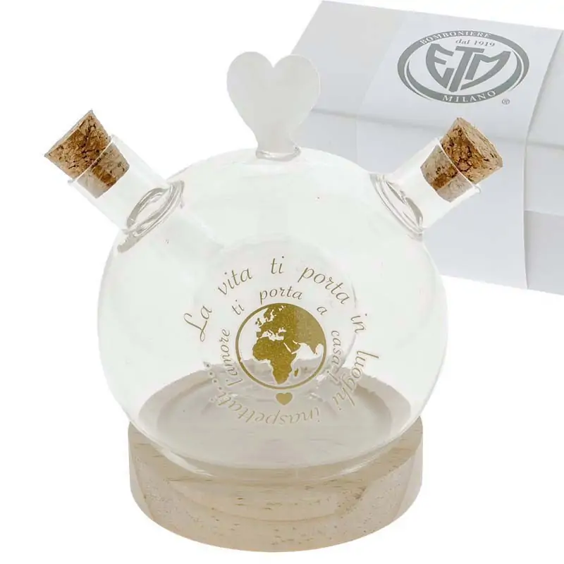 bomboniere set olio aceto in vetro soffiato con frase e base in