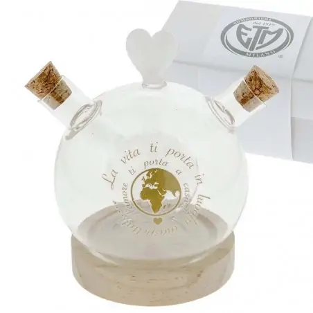 bomboniere set olio aceto in vetro soffiato con frase e base in