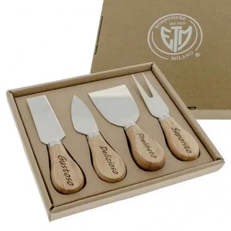 set coltelli da formaggio manico in legno con frasi bomboniere
