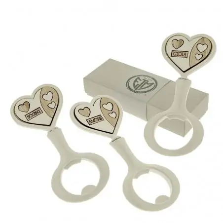 bomboniere apribottiglie in metallo forma cuore frasi assortite