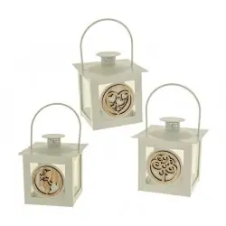 lanterne piccole bianche in metallo con inserto in legno