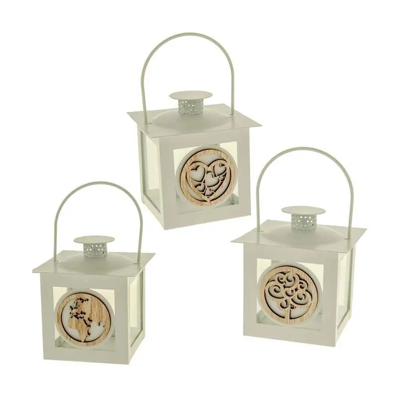 lanterne piccole bianche in metallo con inserto in legno