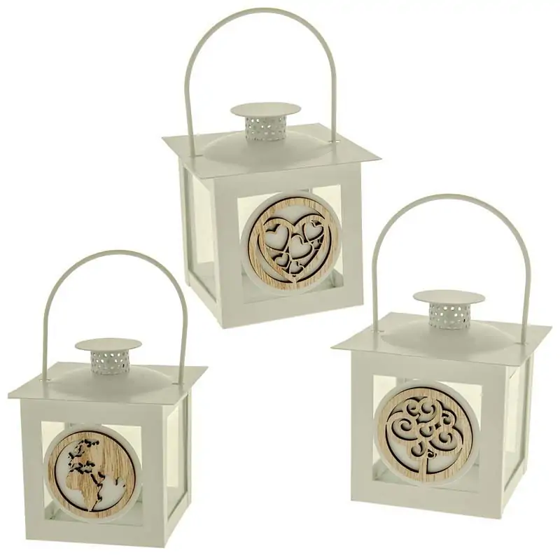 lanterne matrimonio in metallo bianco con inserto in legno