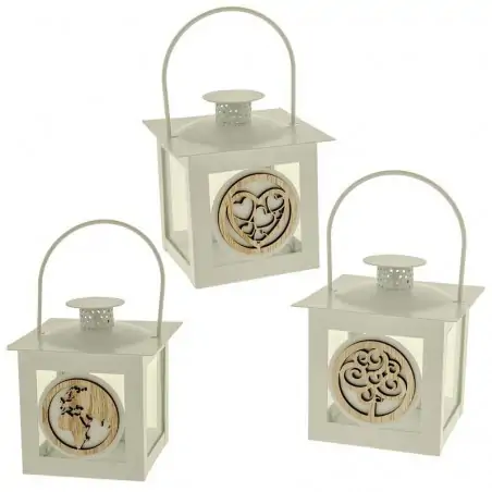 lanterne matrimonio in metallo bianco con inserto in legno