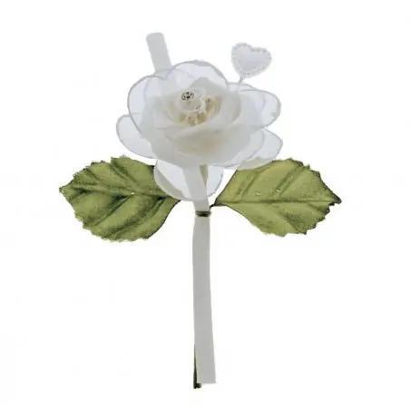 Fiore per bomboniere pick in tessuto bianco e strass