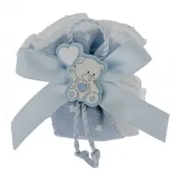 SACCHETTO NASCITA E BATTESIMO PORTACONFETTI CELESTE CON ORSETTO