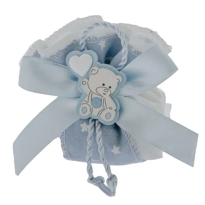SACCHETTO NASCITA E BATTESIMO PORTACONFETTI CELESTE CON ORSETTO