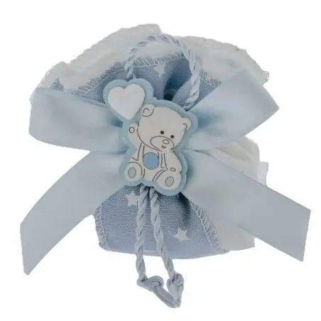 SACCHETTO NASCITA E BATTESIMO PORTACONFETTI CELESTE CON ORSETTO