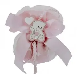 BOMBONIERE BIMBA NASCITA SACCHETTI ROSA CON ORSETTO LEGNO