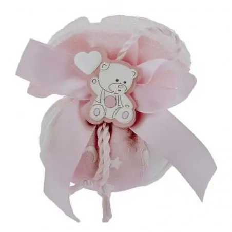 BOMBONIERE BIMBA NASCITA SACCHETTI ROSA CON ORSETTO LEGNO