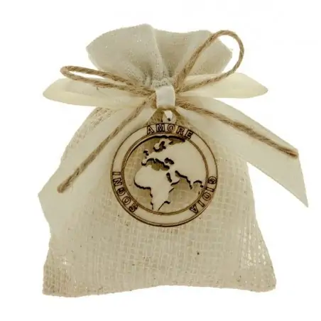 SACCHETTO BOMBONIERE MATRIMONIO CON MONDO IN LEGNO E FRASI