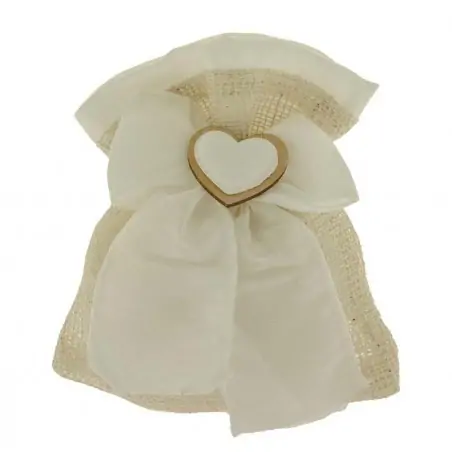 SACCHETTO BOMBONIERA MATRIMONIO CON FIOCCO E CUORE IN LEGNO