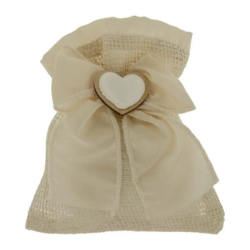 SACCHETTI BOMBONIERE MATRIMONIO CON FIOCCO E CUORE IN LEGNO