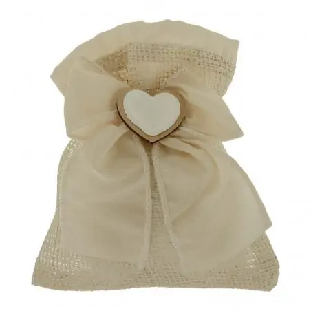 SACCHETTI BOMBONIERE MATRIMONIO CON FIOCCO E CUORE IN LEGNO