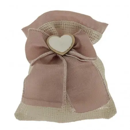 SACCHETTI MATRIMONIO CON FIOCCO E CUORE IN LEGNO CM.10X12 ROSA