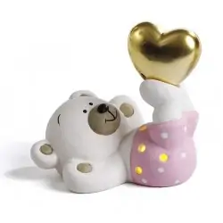 BOMBONIERE ORSETTO ROSA SDRAIATO CON CUORE ORO LUCE LED