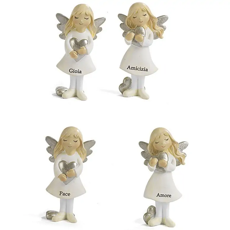 bomboniere angeli con frasi e cuore in resina colorata