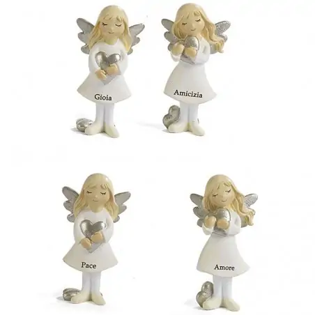 bomboniere angeli con frasi e cuore in resina colorata