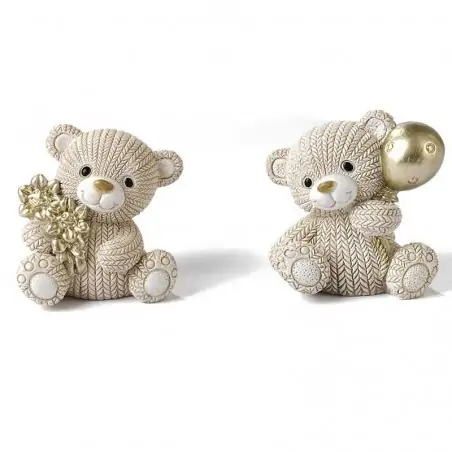 STATUINA ORSETTO LANA CON FIORI E PALLONCINO ORO