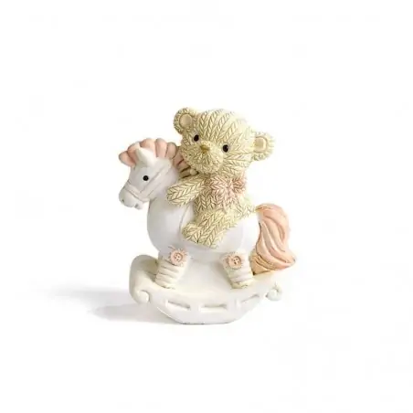 ORSETTA CON CAVALLO DONDOLO ROSA 5.4 CM IN RESINA
