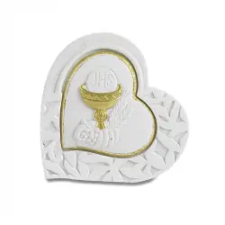 BOMBONIERE COMUNIONE CUORE CON CALICE SPIGHE E UVA 8CM RESINA