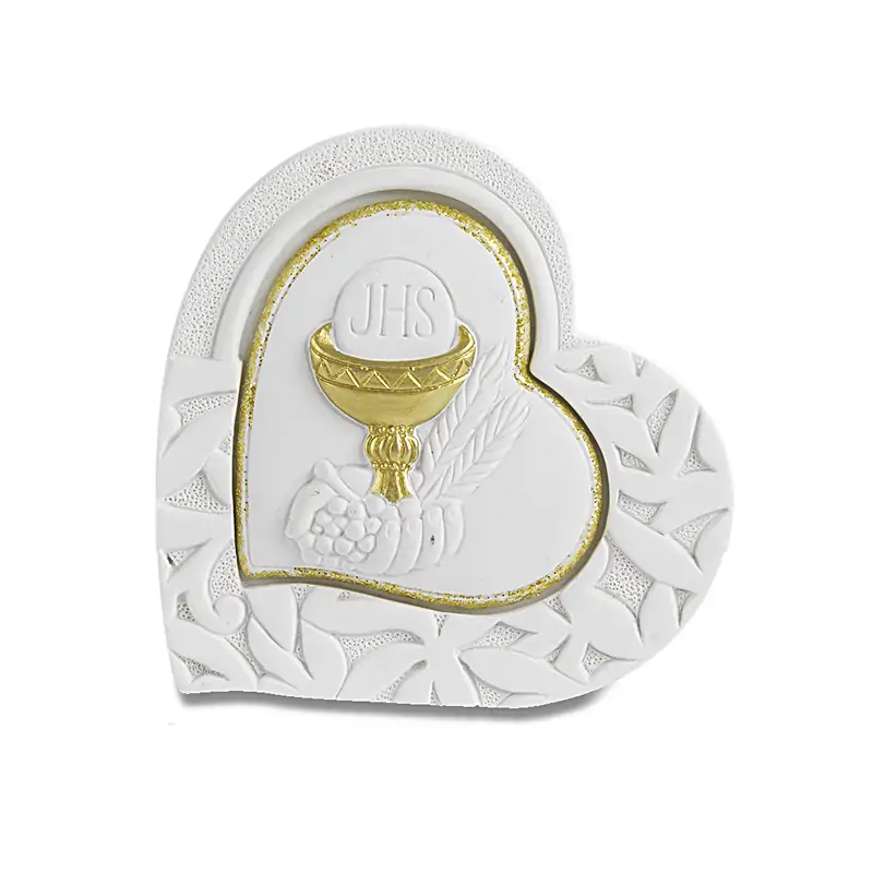 BOMBONIERE COMUNIONE CUORE CON CALICE SPIGHE E UVA 8CM RESINA
