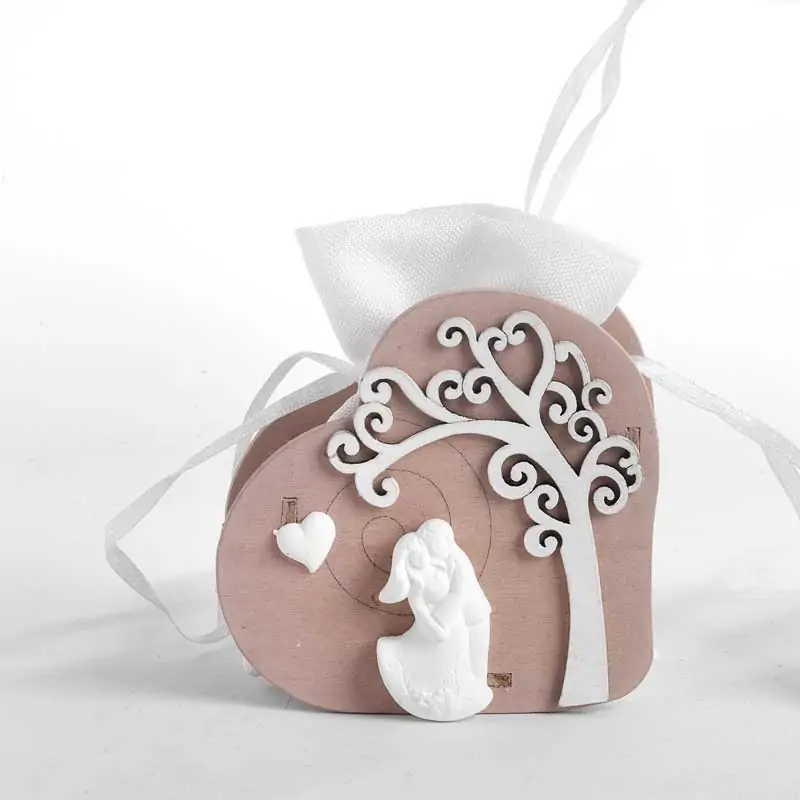 PORTACONFETTI LEGNO CUORE CON ALBERO DELLA VITA ED INNAMORATI
