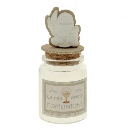 BARATTOLI VETRO PORTACONFETTI CON GESSETTO SIMBOLI COMUNIONE