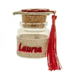 barattoli vetro porta confetti laurea con alloro in legno