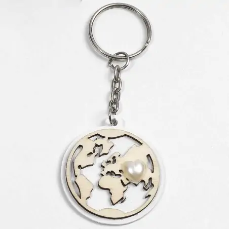 PORTACHIAVI MAPPAMONDO CON CUORE 4 CM LEGNO E METALLO
