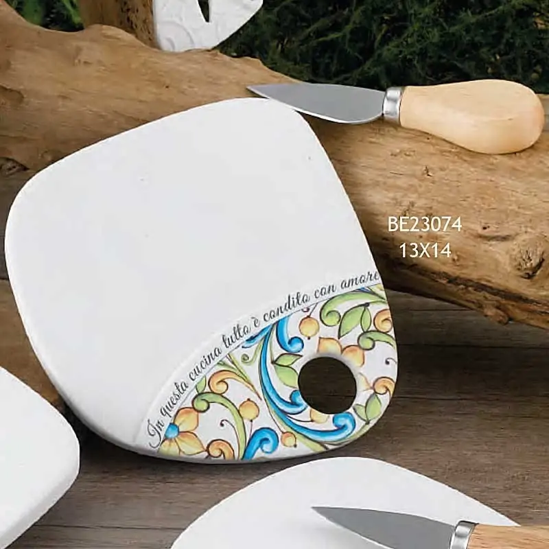 TAGLIERE BOMBONIERA CON DECORO A TEMA MAIOLICHE E FRASE
