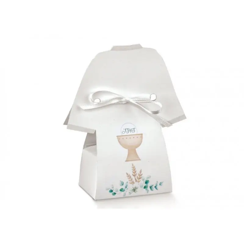 scatole porta confetti tunica bianca con decoro calice comunione