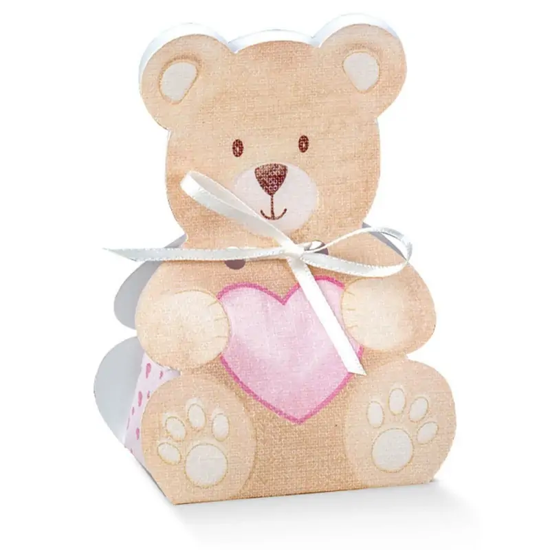 scatolina portaconfetti a forma di orsetto con un cuore rosa
