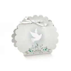Scatoline portaconfetti Cresima borsa rotonda bianca con colomba