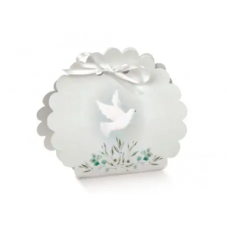 Scatoline portaconfetti Cresima borsa rotonda bianca con colomba