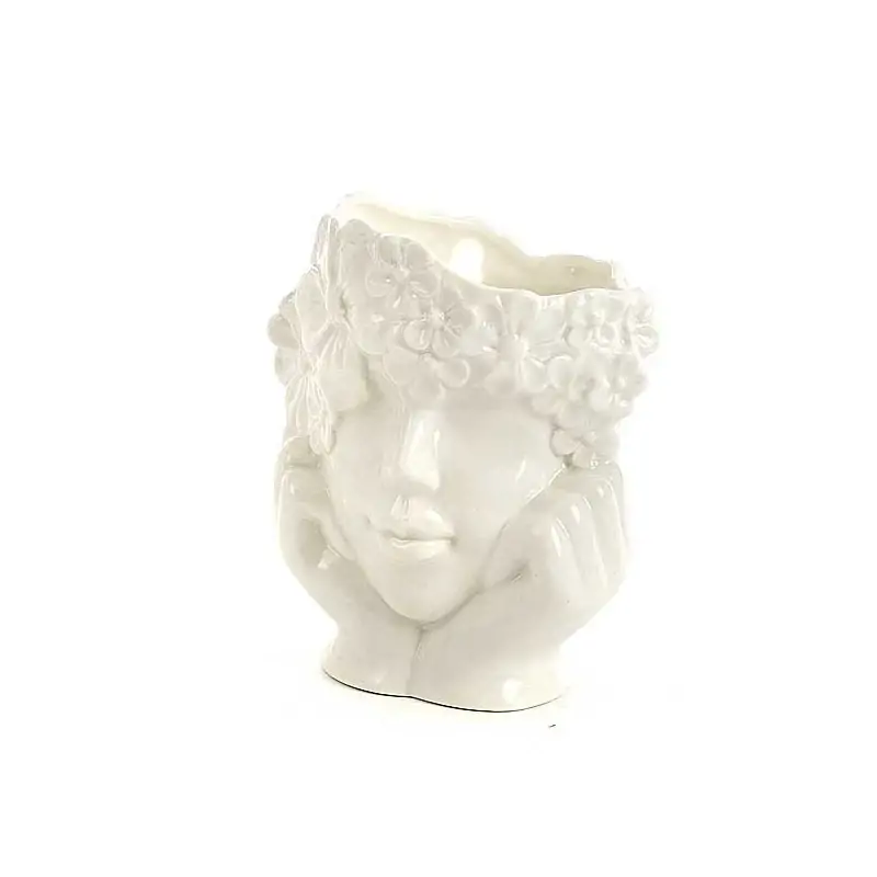VASO TESTA DONNA TRA MANI-FIORI CON CERA PROF. 12.7 CM. PORC