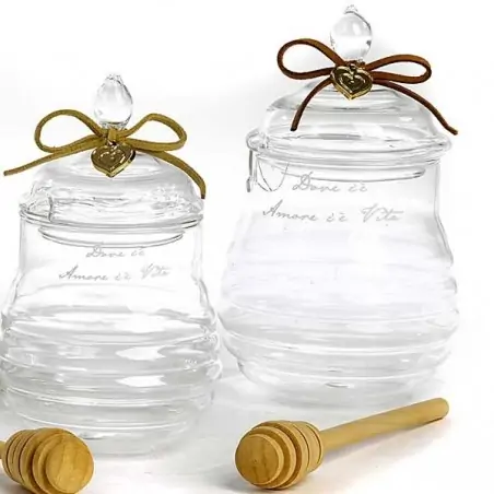VASETTO PER MIELE CON FRASE D'AMORE 14.5 CM. VETRO G.BOX