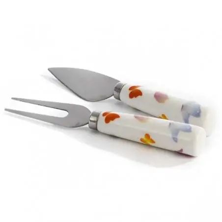 SET 2 UTEN. FORMAGGIO DEC. FARFALLE 14.5 CM. PORC. MET. G.BOX