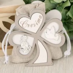 PORTACONFETTI CRESIMA TRIFOGLIO IN LEGNO CON SACCHETTO